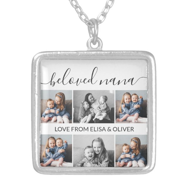 Beloved Nana Grandma Custom Family Photo Keepsake Silver Plated Necklace (Front)