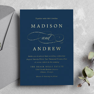 Beloved Navy and Gold Calligraphy Wedding Foil Invitation