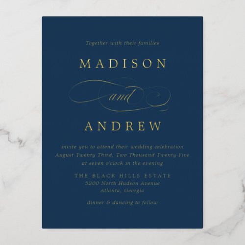 Beloved Navy and Gold Wedding Foil Invitation Postcard