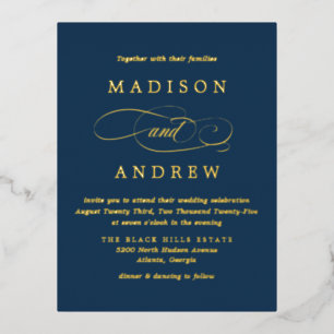 Beloved Navy and Gold Wedding Foil Invitation Postcard