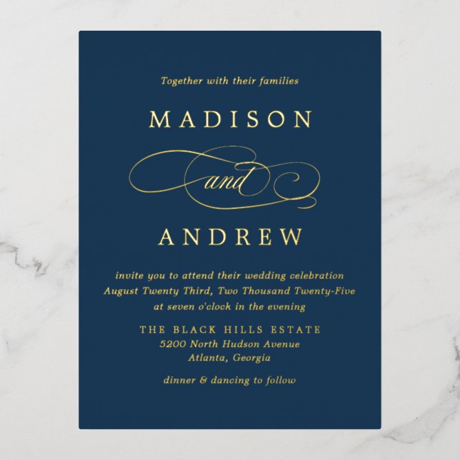 Beloved Navy and Gold Wedding Foil Invitation Postcard (Front)