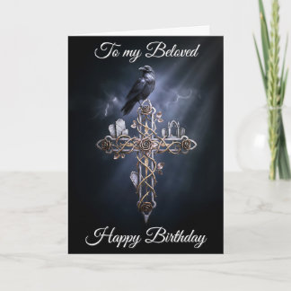 Beloved Personalized Gothic Cross Raven Birthday Card