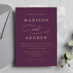 Beloved Purple and Gold Calligraphy Wedding Foil Invitation