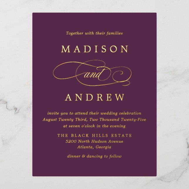 Beloved Purple and Gold Wedding Foil Invitation Postcard (Front)
