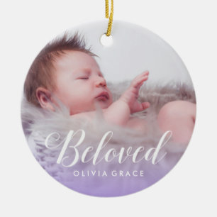 Beloved Purple Baby Photo Name & Birth Stats Ceramic Ornament