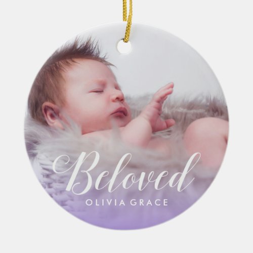 Beloved Purple  Baby Photo Name  Birth Stats Ceramic Ornament