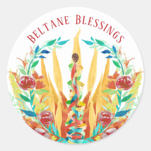 Beltane Fire Maypole & Summer Flowers Classic Round Sticker