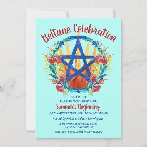 Beltane Fire Pentacle Summer Floral Sabbat Party Invitation