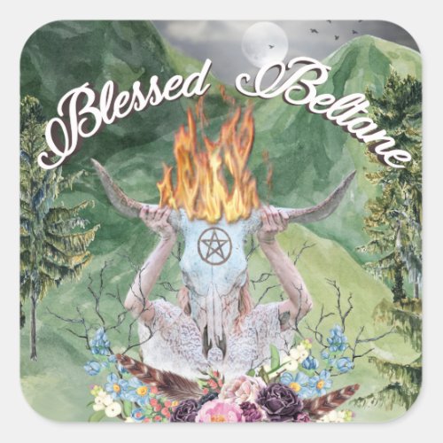 Beltane Fire Ritual Forest Scene Pagan Holiday Square Sticker