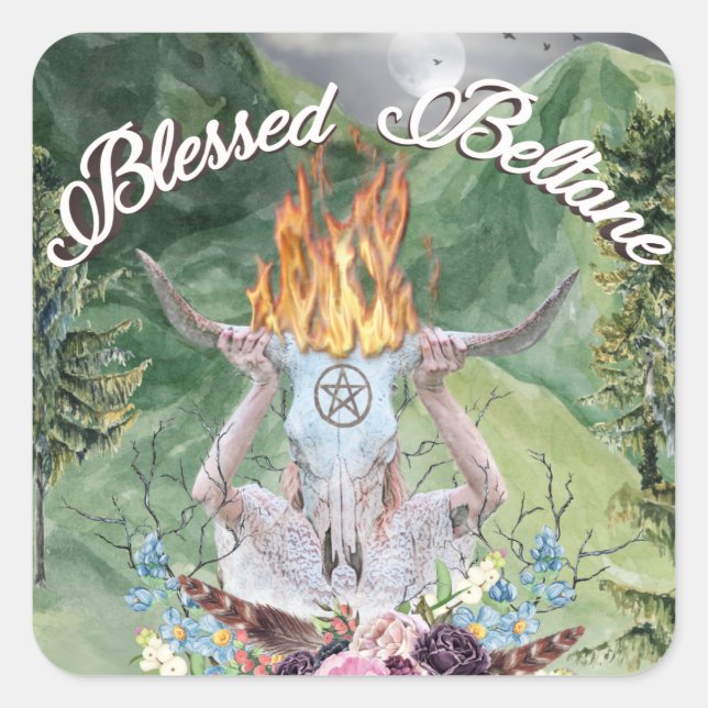 Beltane Fire Ritual Forest Scene Pagan Holiday Square Sticker (Front)
