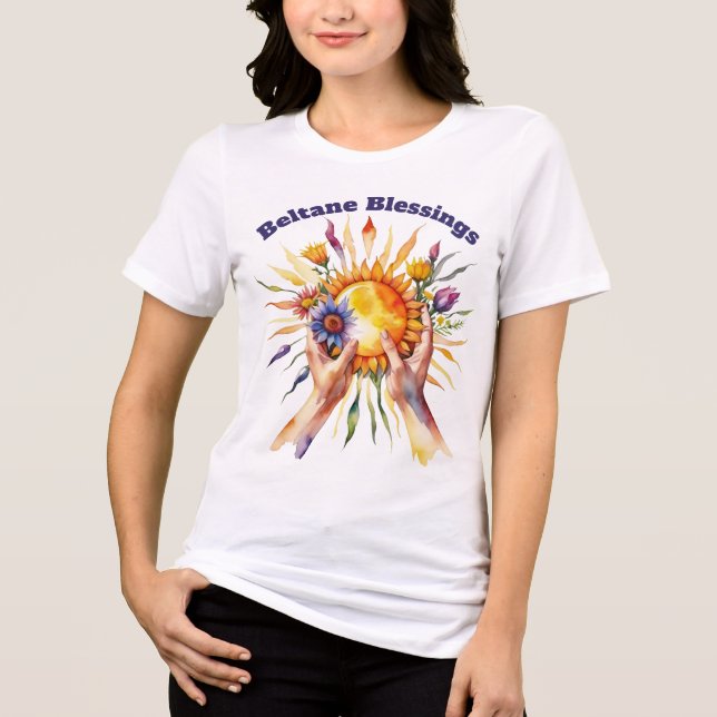 Beltane Summer Floral Sun Sabbat Blessings Tri-Blend Shirt (Front)