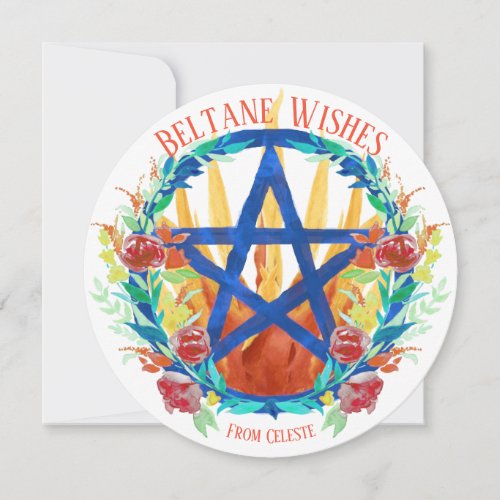 Beltane Wiccan Pentacle Fire  Summer Flowers Holiday Card