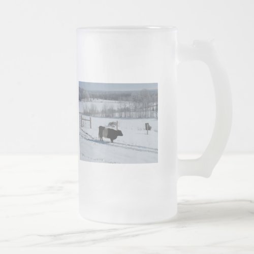 Belted Galloway Cow in a Beautiful Snowy Landscape Frosted Glass Beer Mug