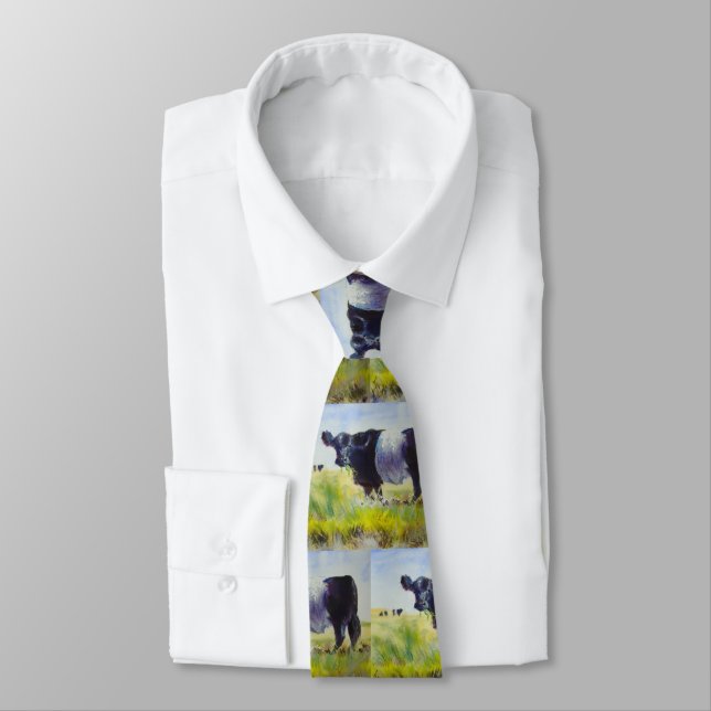 Belted galloway cow painting neck tie (Tied)
