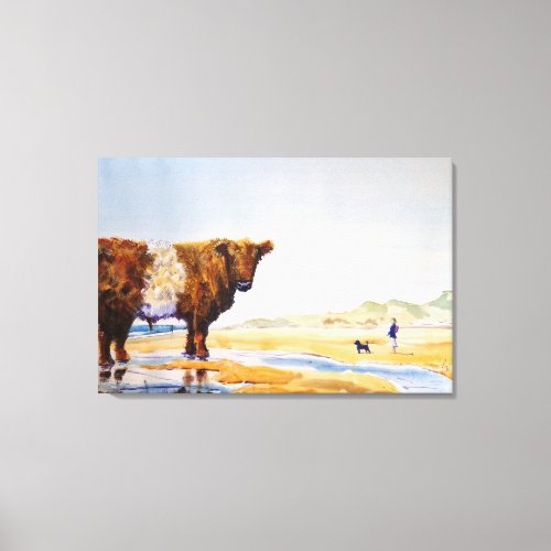 Belted Galloway Cow Painting Surreal Beach Scene Canvas Print