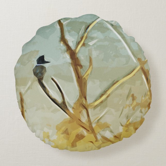 Belted Kingfisher at Rivers Edge Abstract Round Pillow (Back)