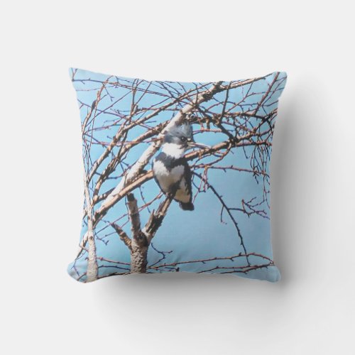 Belted Kingfisher in Tree Branches Stylized Bird Outdoor Pillow