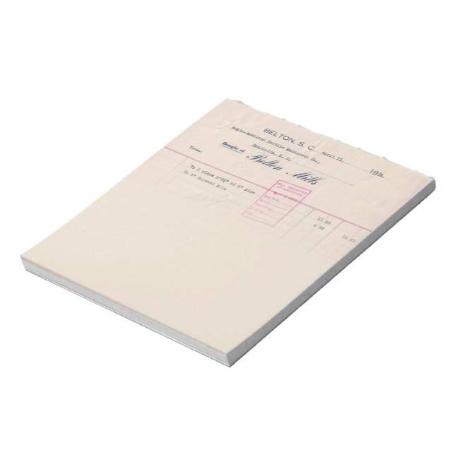 Belton Mills Belton, SC Receipt Notepad (Rotated)