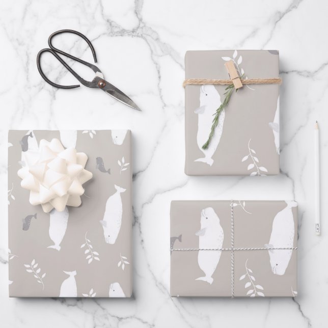 Beluga Baby Whale On Pastel Grey Illustration  Wrapping Paper Sheets (Front)