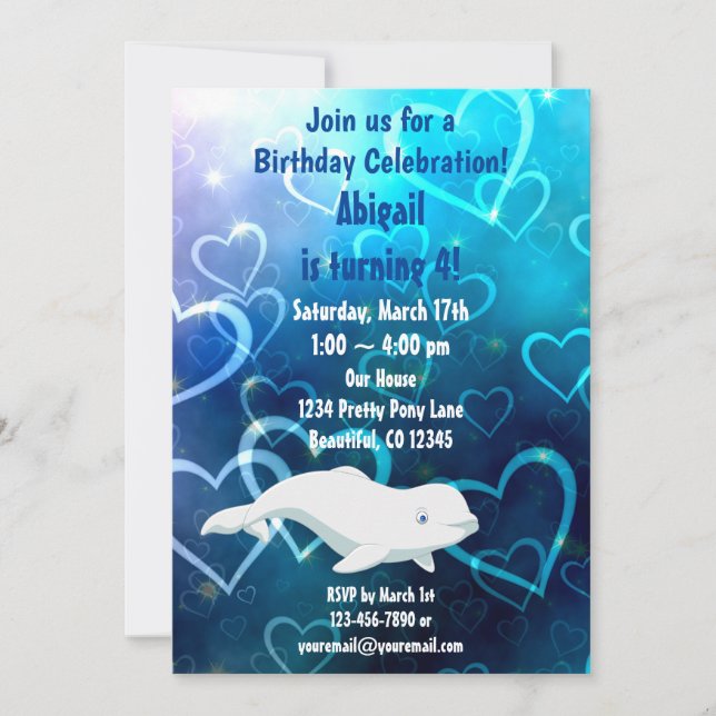 Beluga Whale and Blue Hearts Arctic Birthday Party Invitation (Front)