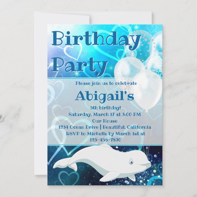 Beluga Whale and Blue Hearts Arctic Birthday Party Invitation (Front)