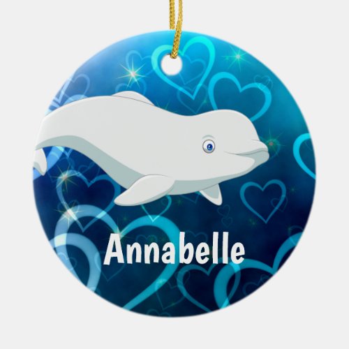 Beluga Whale and Blue Hearts Arctic Christmas Ceramic Ornament