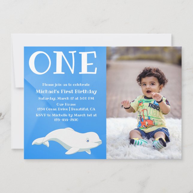 Beluga Whale Arctic Ocean Photo First Birthday Invitation (Front)