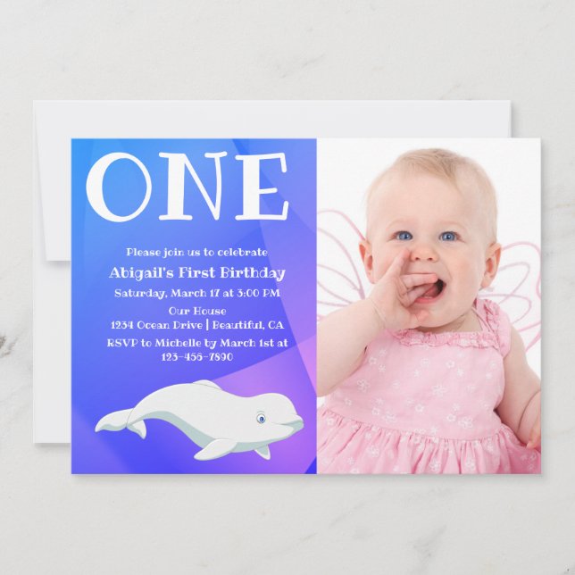 Beluga Whale Arctic Ocean Photo First Birthday Invitation (Front)