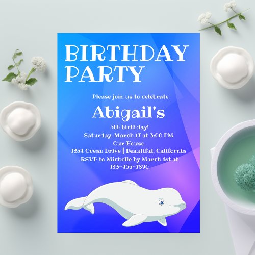 Beluga Whale Blue and Pink Arctic Ocean Birthday Invitation