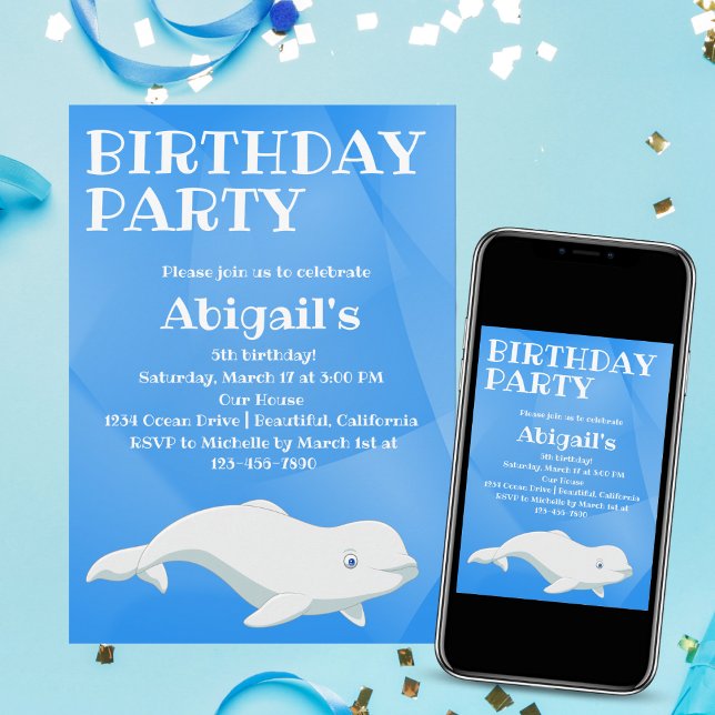 Beluga Whale Blue and White Arctic Ocean Birthday Invitation (Creator Uploaded)