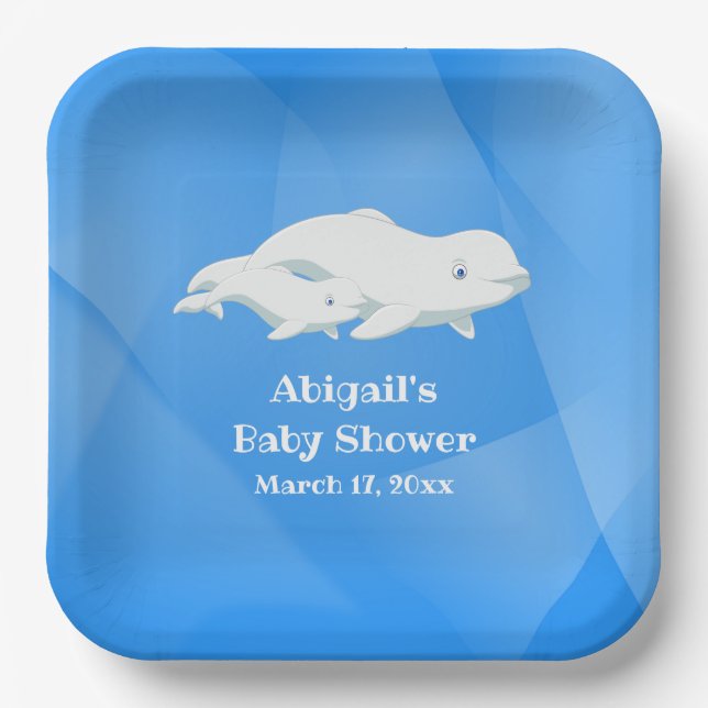 Beluga Whale Blue, White Arctic Ocean Baby Shower Paper Plates (Front)