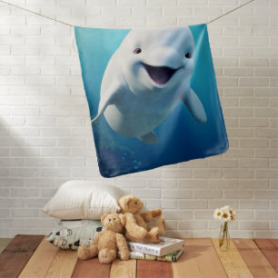 Beluga Whale Cartoon Blue Green Arctic Ocean Baby Blanket