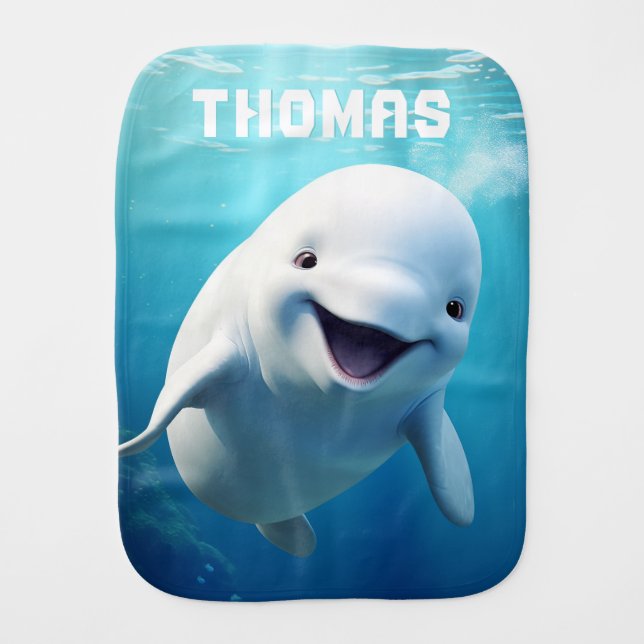 Beluga Whale Cartoon Blue Green Arctic Ocean  Baby Burp Cloth (Front)
