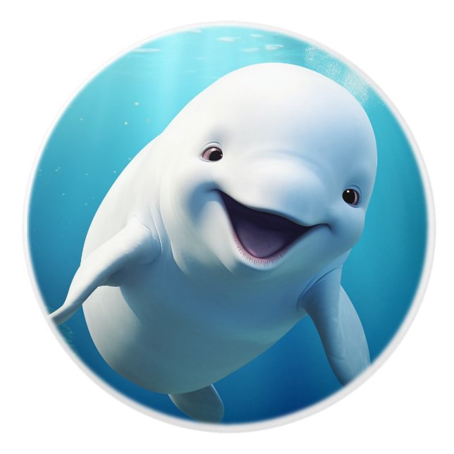 Beluga Whale Cartoon Blue Green Arctic Ocean  Ceramic Knob (Front)