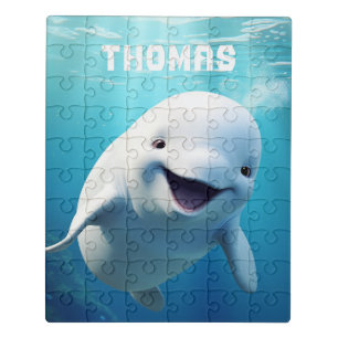 Beluga Whale Cartoon Blue Green Arctic Ocean Jigsaw Puzzle