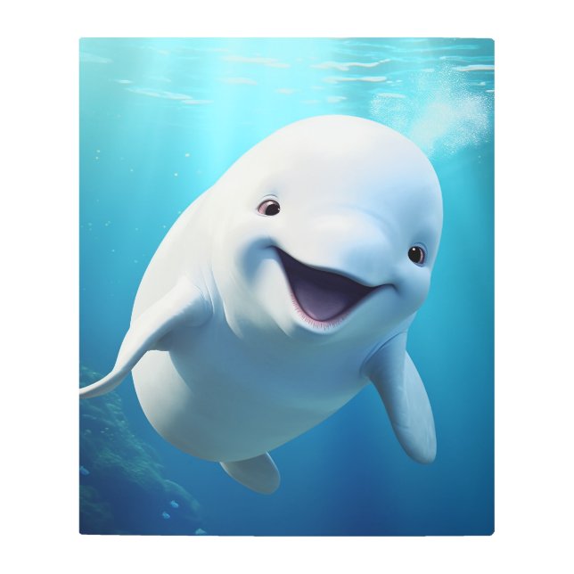 Beluga Whale Cartoon Blue Green Arctic Ocean  Metal Print (Front)