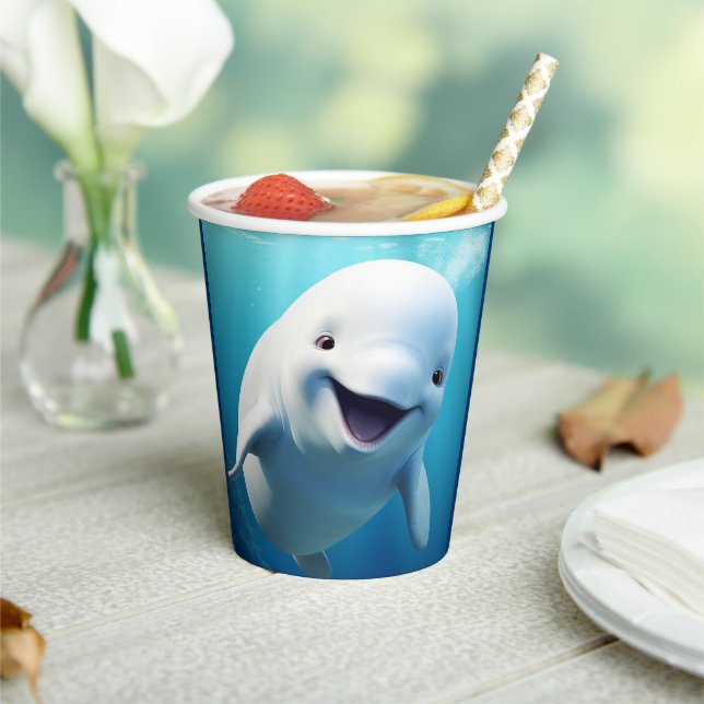 Beluga Whale Cartoon Blue Green Arctic Ocean  Paper Cups (Insitu)