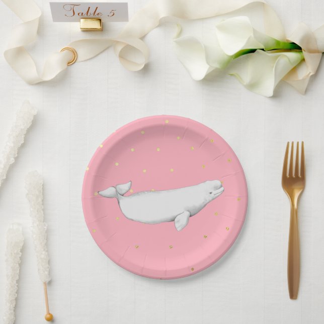 Beluga Whale Illustration Dots Pink Paper Plates (Wedding)