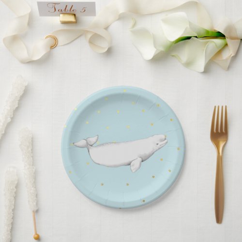Beluga Whale Illustration Gold Dots Dusty Blue Paper Plates