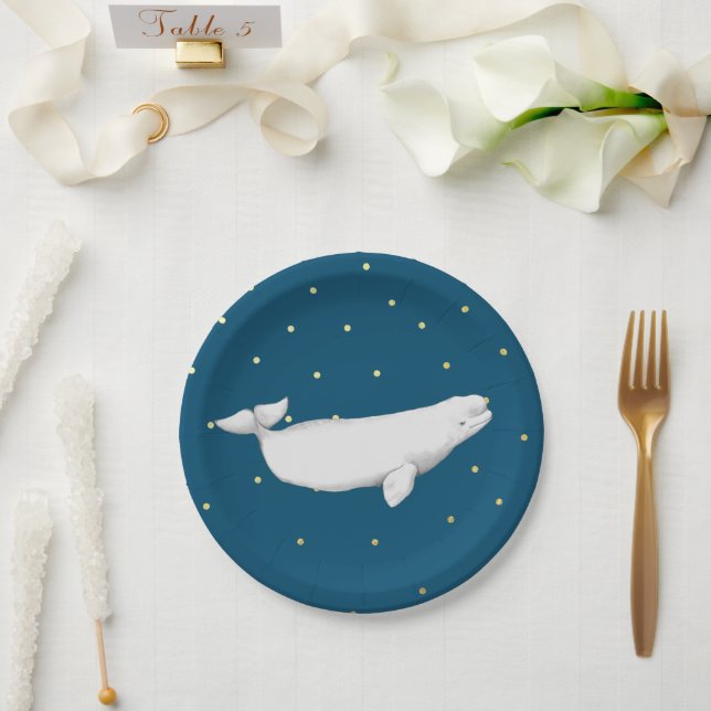 Beluga Whale Illustration Gold Dots Navy Blue Paper Plates (Wedding)