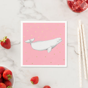 Beluga Whale Illustration Gold Dots Pink Napkins