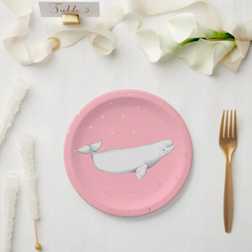 Beluga Whale Illustration Gold Dots Pink Paper Plates