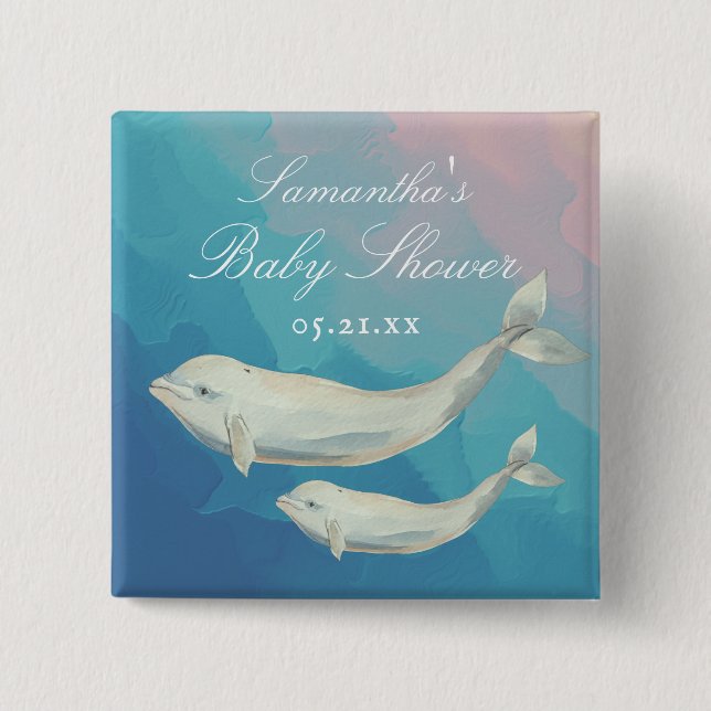 Beluga Whale Mom and Calf Baby Shower Button (Front)
