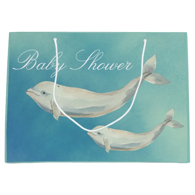 Beluga Whale Mom and Calf Baby Shower Large Gift Bag (Front)