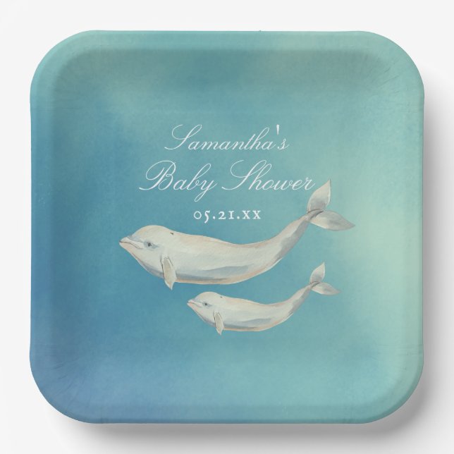Beluga Whale Mom and Calf Baby Shower Paper Plates (Front)