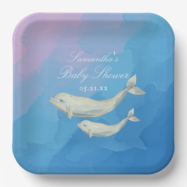 Beluga Whale Mom and Calf Baby Shower Paper Plates (Front)
