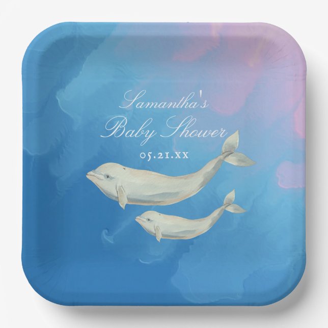 Beluga Whale Mom and Calf Baby Shower  Paper Plates (Front)