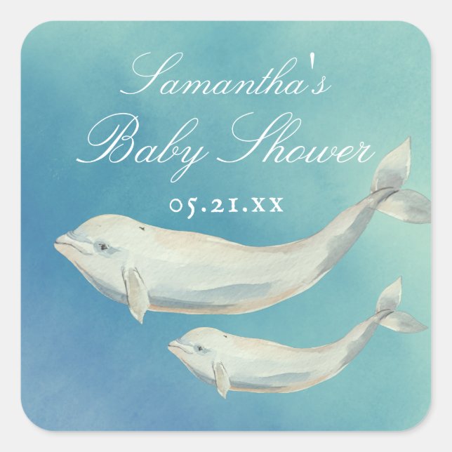 Beluga Whale Mom and Calf Baby Shower Square Sticker (Front)