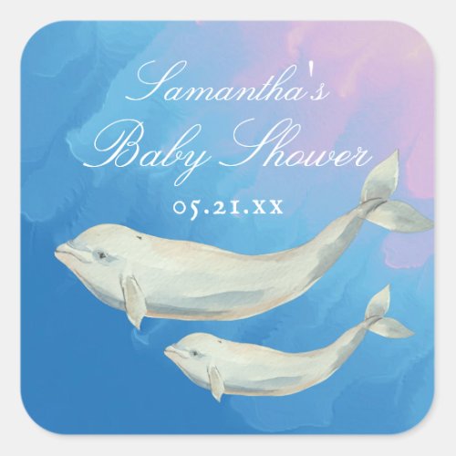 Beluga Whale Mom and Calf Baby Shower Square Sticker