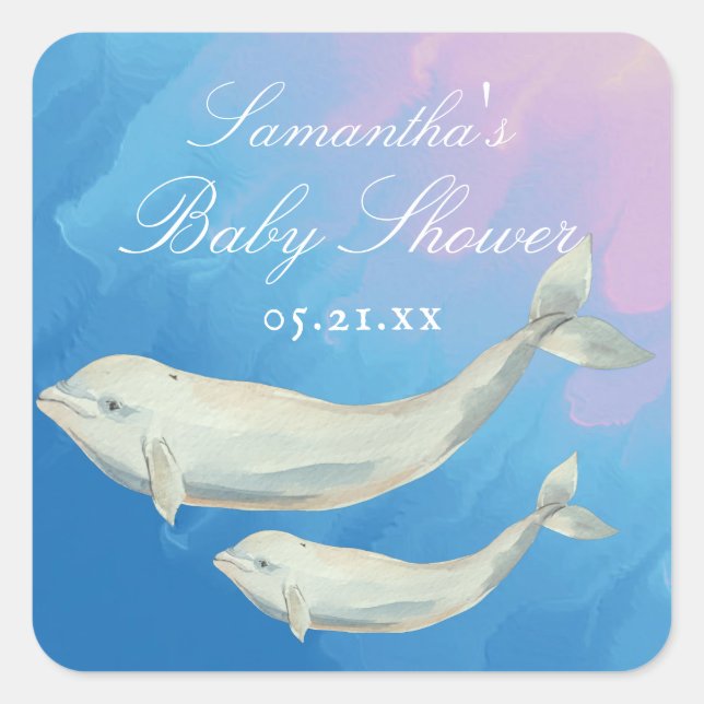 Beluga Whale Mom and Calf Baby Shower Square Sticker (Front)